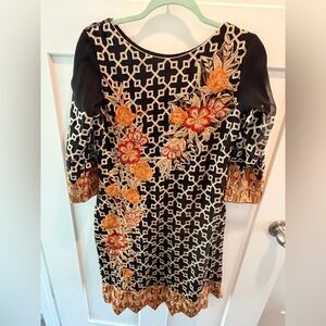 Sari Embroidered Floral Sheer Overlay Dress Black Gold Boho Statement Midi m
